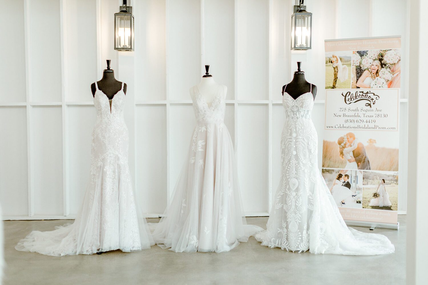 Wedding gowns with lace and sheet romantic drapery.